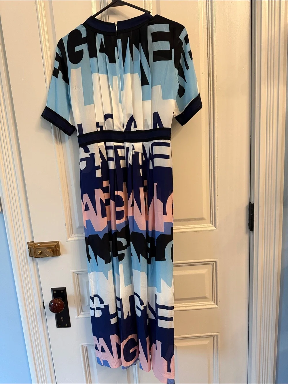 CHANEL silk navy, blue, and pinky Striped logo pleated dress with buttons